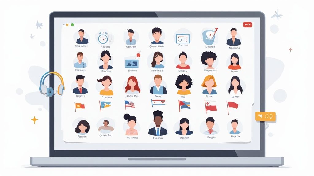 A person in a professional setting conducts a video interview on their laptop, with a global map visible in the background.