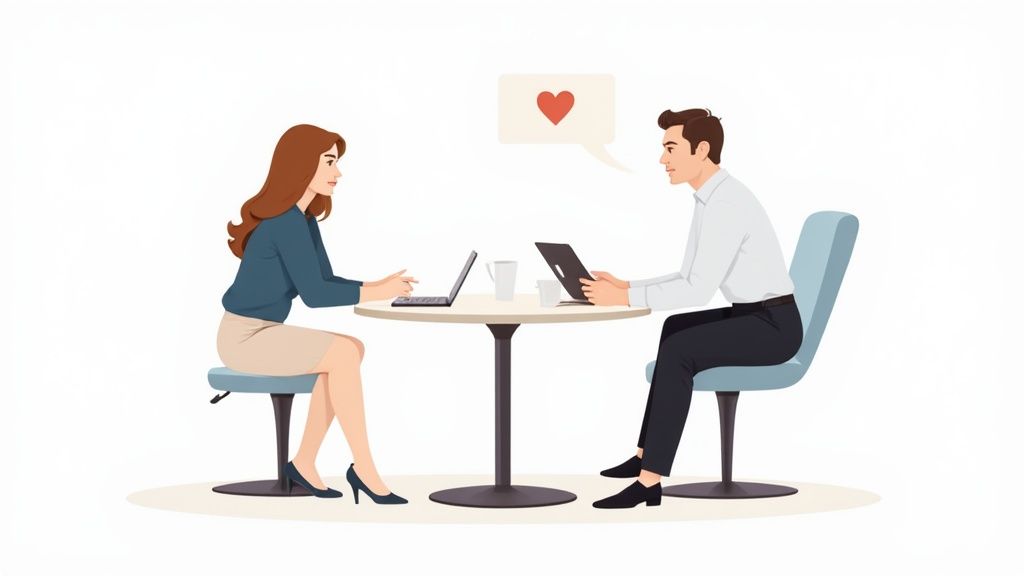 A manager and an employee having a serious but empathetic conversation in a private meeting room.