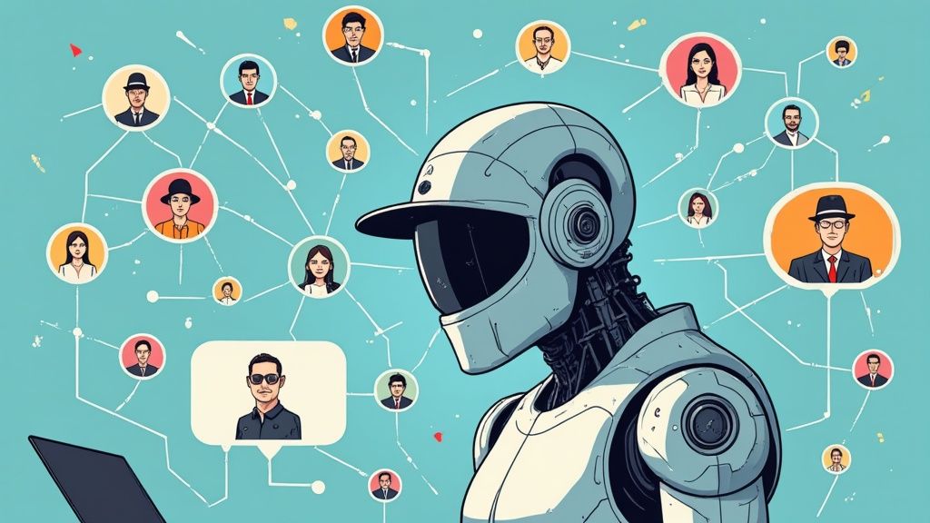 Recruiter using an AI sourcing platform to analyze candidate profiles on a large screen