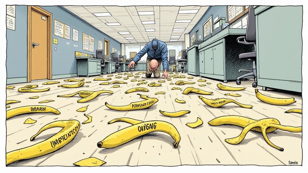 A magnifying glass focusing on the cracks in a concrete wall, symbolizing the potential pitfalls in a system.