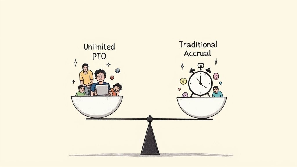 A minimalist illustration of a balance scale, with one side representing unlimited PTO and the other traditional accrual.