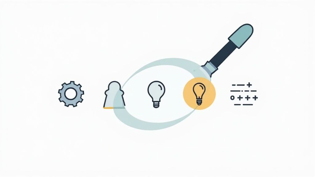A person using a magnifying glass to inspect a blueprint of a bridge, symbolizing a skills gap analysis in talent development.
