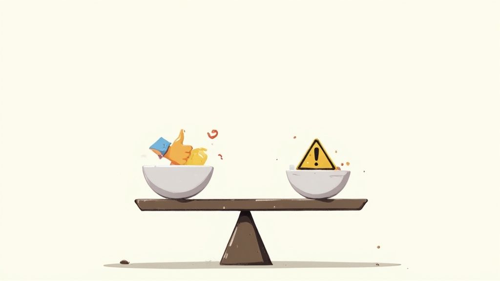 Illustration showing a scale balancing pros and cons icons related to work schedules.