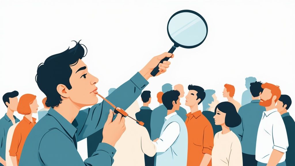 Two recruiters strategically planning how to source candidates from a diverse pool of talent profiles visualized on a digital board.