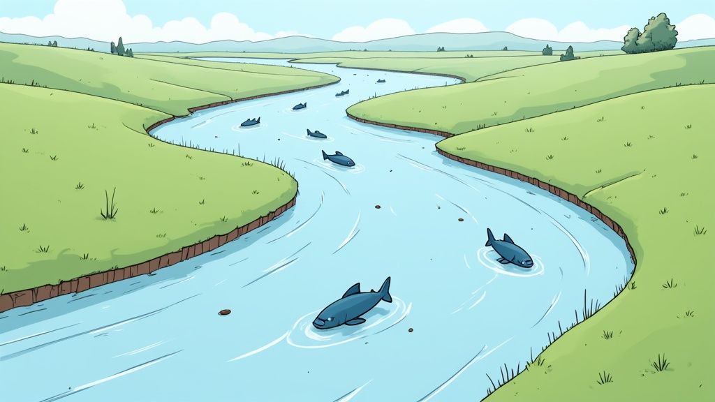 An abstract illustration of a flowing river representing the talent pool, with smaller streams branching off, in a clean, futuristic style.