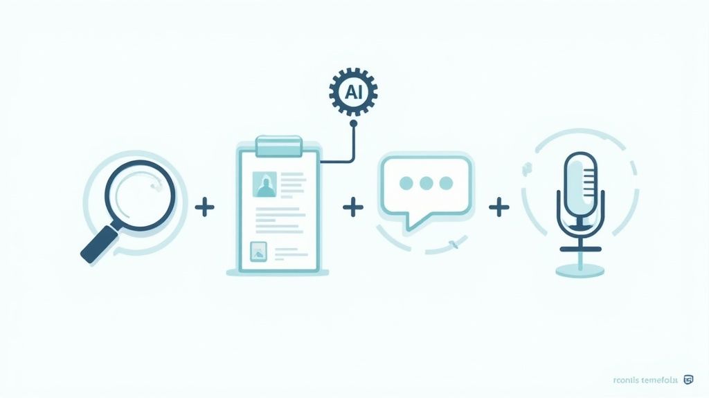 A conceptual illustration showing different stages of the hiring workflow, with AI icons highlighting improvements at each step, representing the ai in recruitment process.
