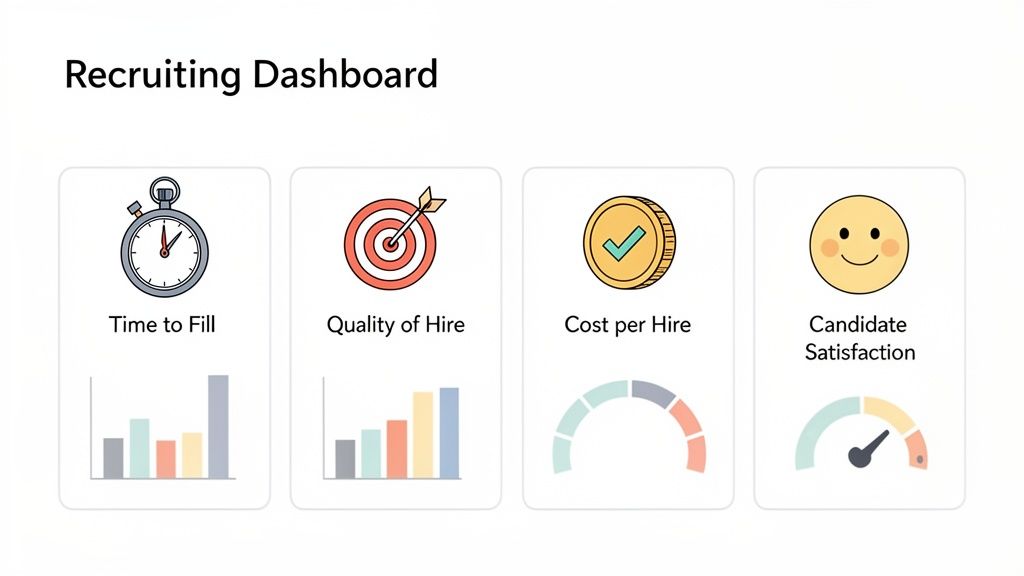 A recruiting dashboard displaying key HR metrics: Time to Fill, Quality of Hire, Cost per Hire, and Candidate Satisfaction.