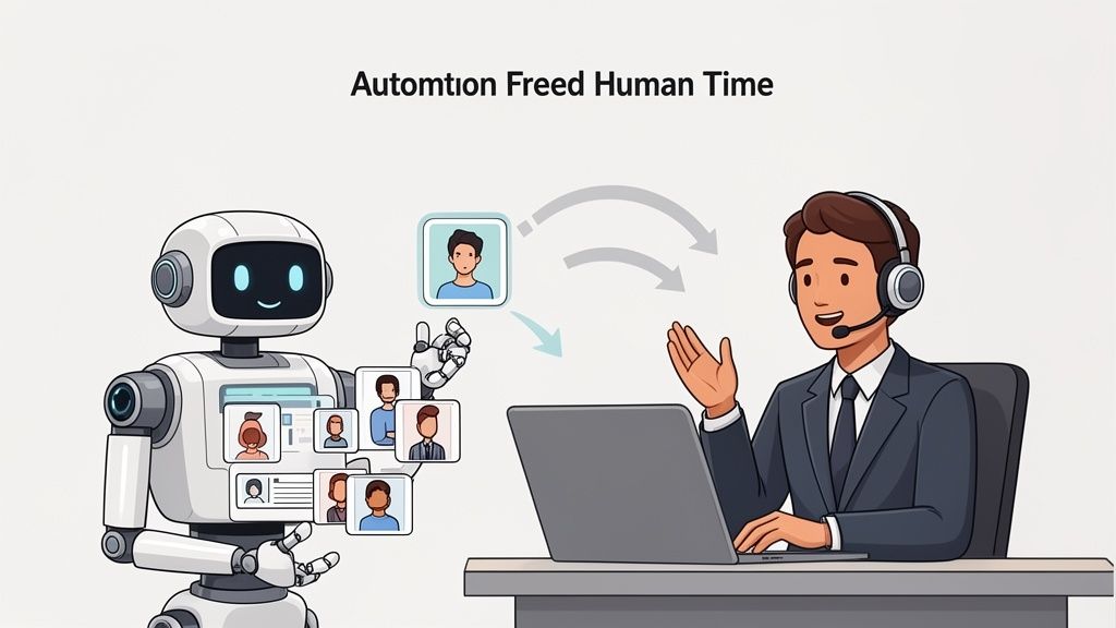 An AI robot presents candidate profiles to a human recruiter, illustrating how automation frees human time.