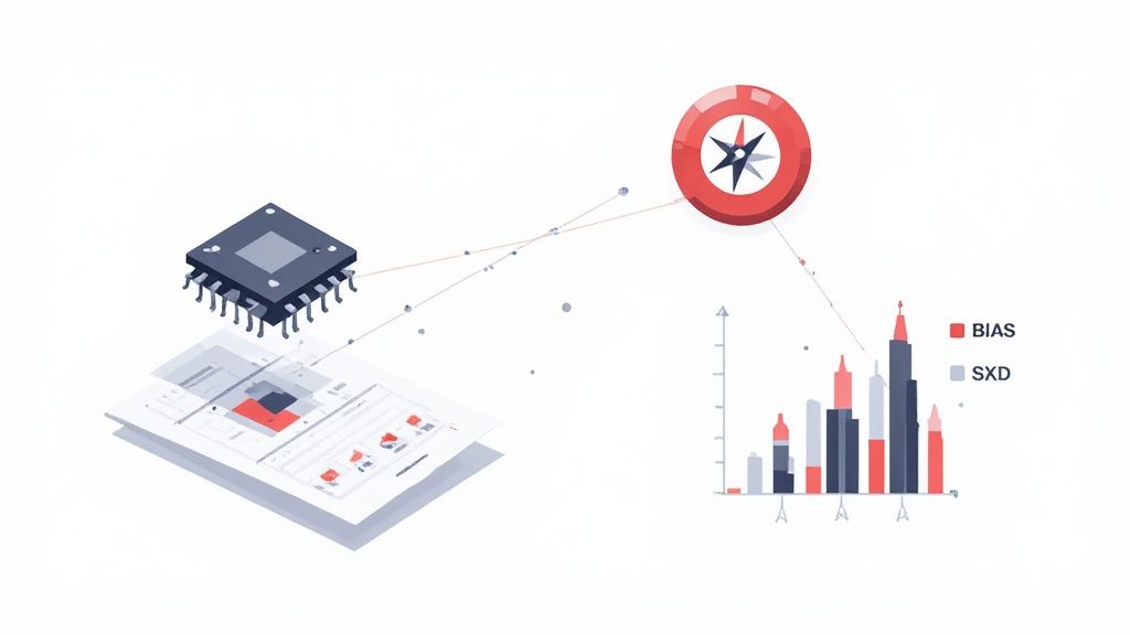 Microchip processing data, visualized with a compass, user interface, and BIAS/SXD bar chart.