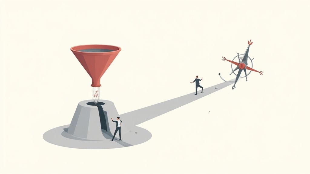Illustration of a business funnel, a trapped person, two men navigating a path towards a fallen compass.