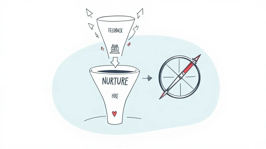 An illustration showing a feedback funnel leading to a nurture and hire funnel, guiding towards a compass.