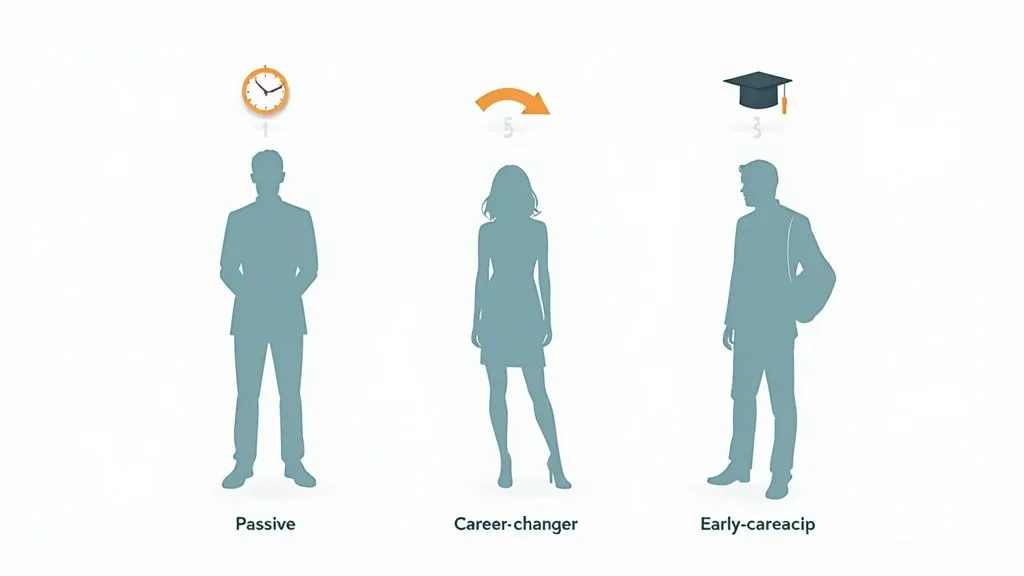 Illustrations of three job seeker profiles: passive, career-changer, and early-career, each with an icon.