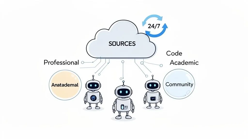 Diagram showing AI robots connecting to diverse recruitment sources including professional, academic, and community data 24/7.