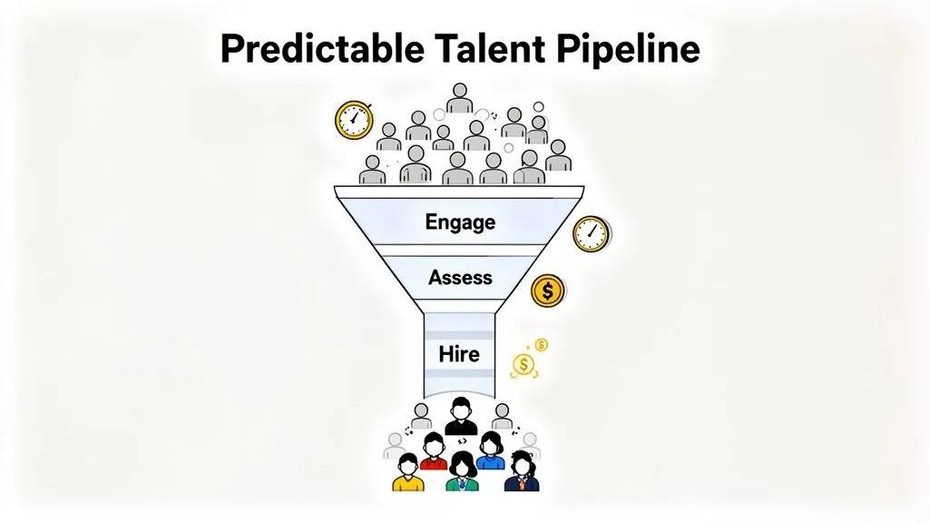 Predictable talent pipeline funnel showing engage, assess, and hire stages for candidate conversion.
