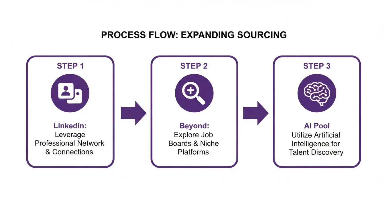 Process flow outlining three steps for expanding candidate sourcing: LinkedIn, job boards, and AI talent discovery.