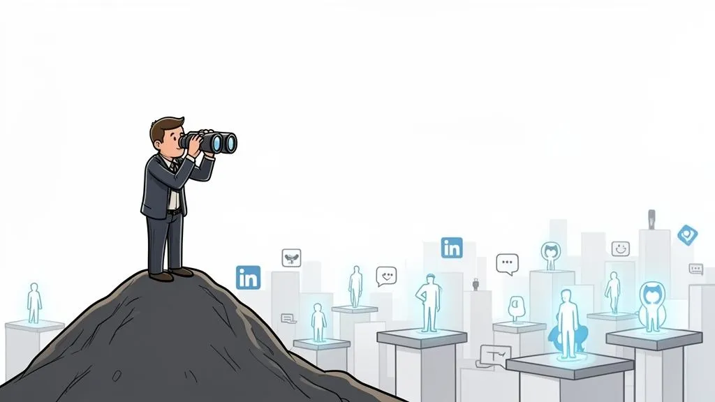 A man on a mountain looks through binoculars at glowing digital profiles and social media icons.