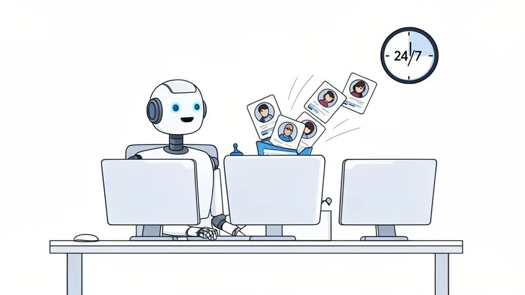 A friendly robot automates candidate sourcing, processing profiles on multiple computers 24/7.