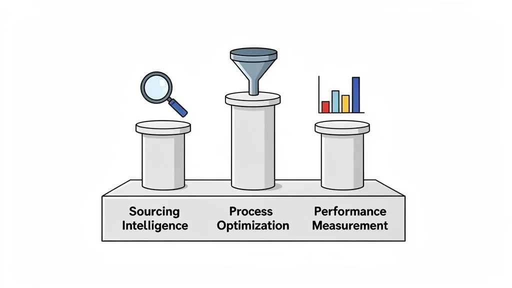 A visual representation of a three-stage business process: sourcing intelligence, process optimization, and performance measurement.