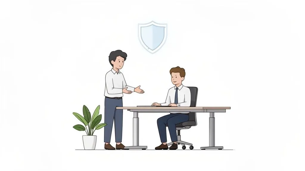 Two men discussing in a modern office, one standing, one seated, beneath a shield icon.