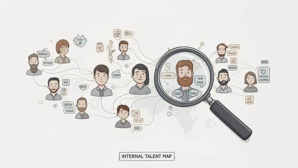 An illustration of an internal talent map showing people connected by lines and various skills, with a magnifying glass highlighting one individual.