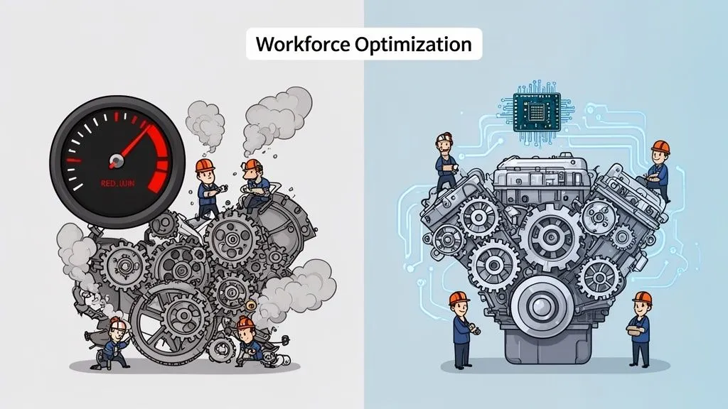 Illustration: struggling manual workforce with gears and smoke vs. optimized tech-powered workforce.