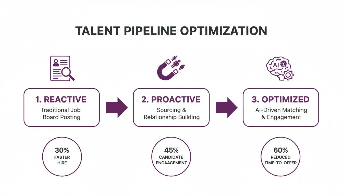 Diagram illustrating talent pipeline optimization stages: Reactive, Proactive, and AI-Driven Optimized hiring with performance metrics.
