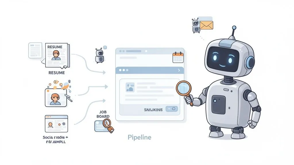 A friendly robot manages a talent pipeline, processing resumes, social profiles, and job board data.