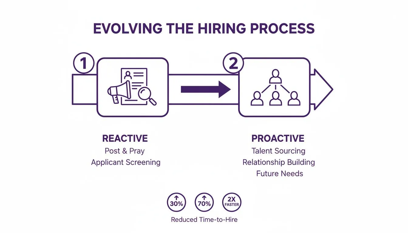 Talent pipeline management diagram showing a shift from reactive to proactive hiring to reduce time-to-hire.