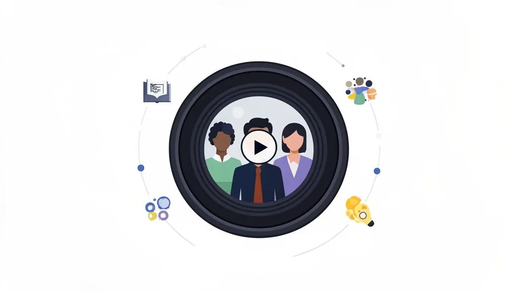 Employer branding examples featuring a diverse team inside a camera lens, surrounded by icons for learning, community, and ideas.