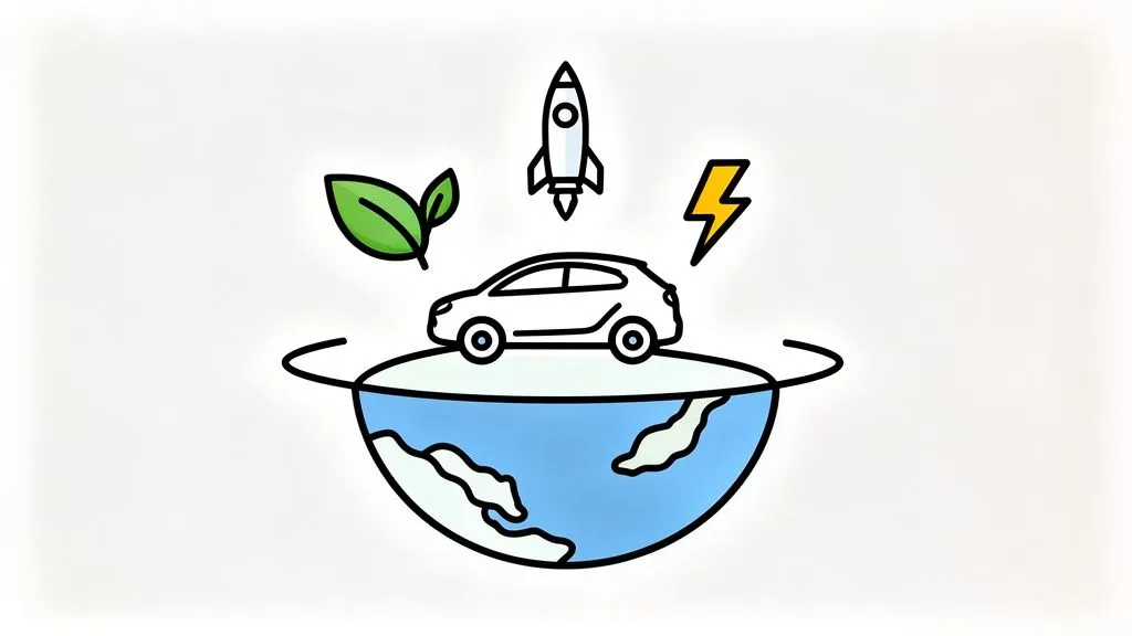 Employer branding examples featuring a car on a half-earth globe with icons of sustainability, innovation, and energy.