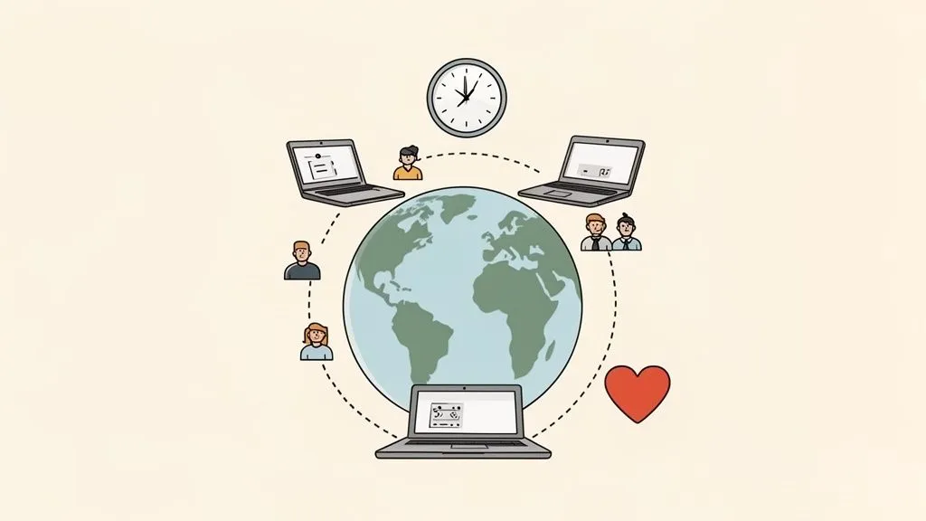 Employer branding examples featuring people and laptops connected globally around Earth, illustrating remote work or teamwork across time zones.