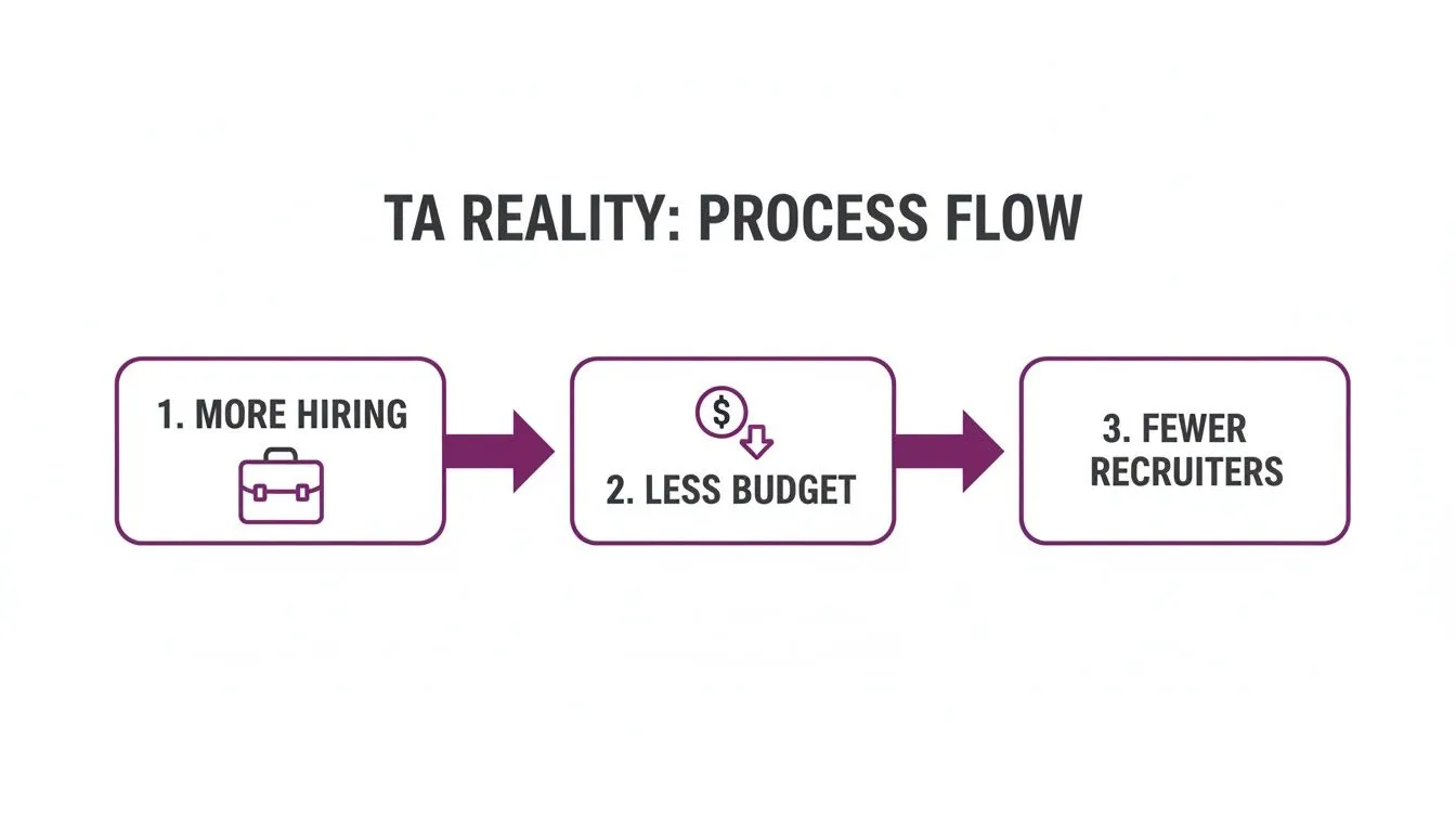 A TA reality process flow illustrating how more hiring leads to less budget and fewer recruiters.