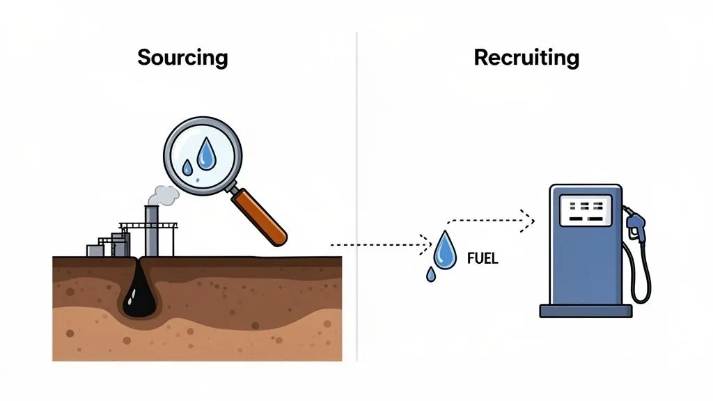 sourcing vs recruiting comparison showing sourcing as finding untapped oil and recruiting as converting it to fuel.