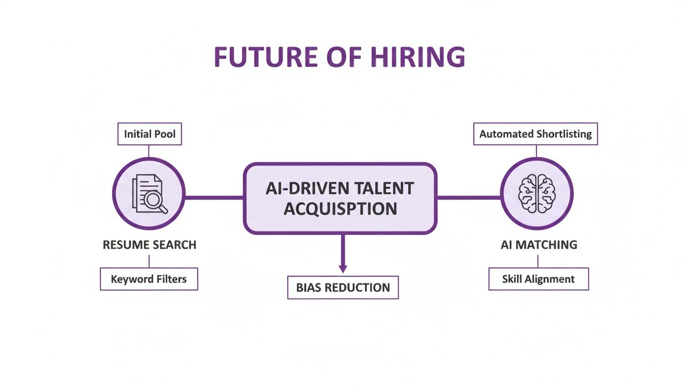 candidate matching AI-driven talent acquisition, showcasing resume search, AI matching, and bias reduction for future hiring.