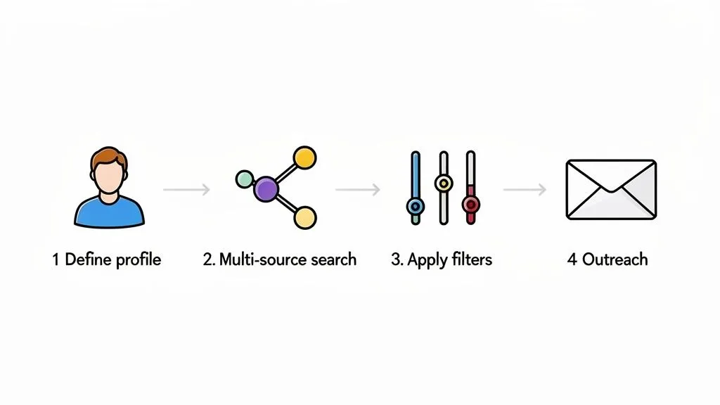 Diagram showing a four-step candidate process: define profile, multi-source search, apply filters, outreach.
