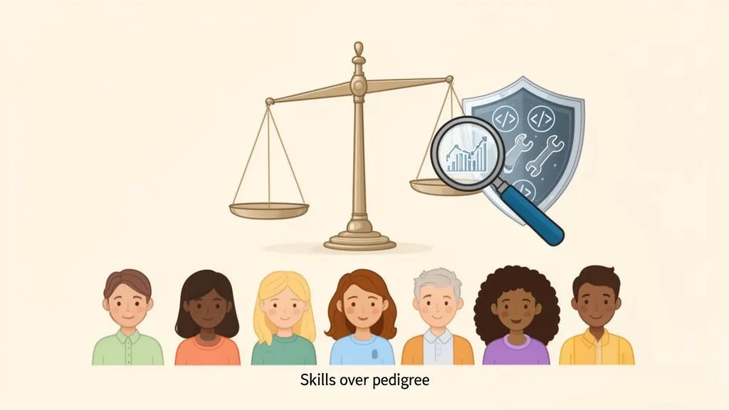 Illustration of a scale weighing skills (graphs, code, tools) above an empty pan, with diverse people.