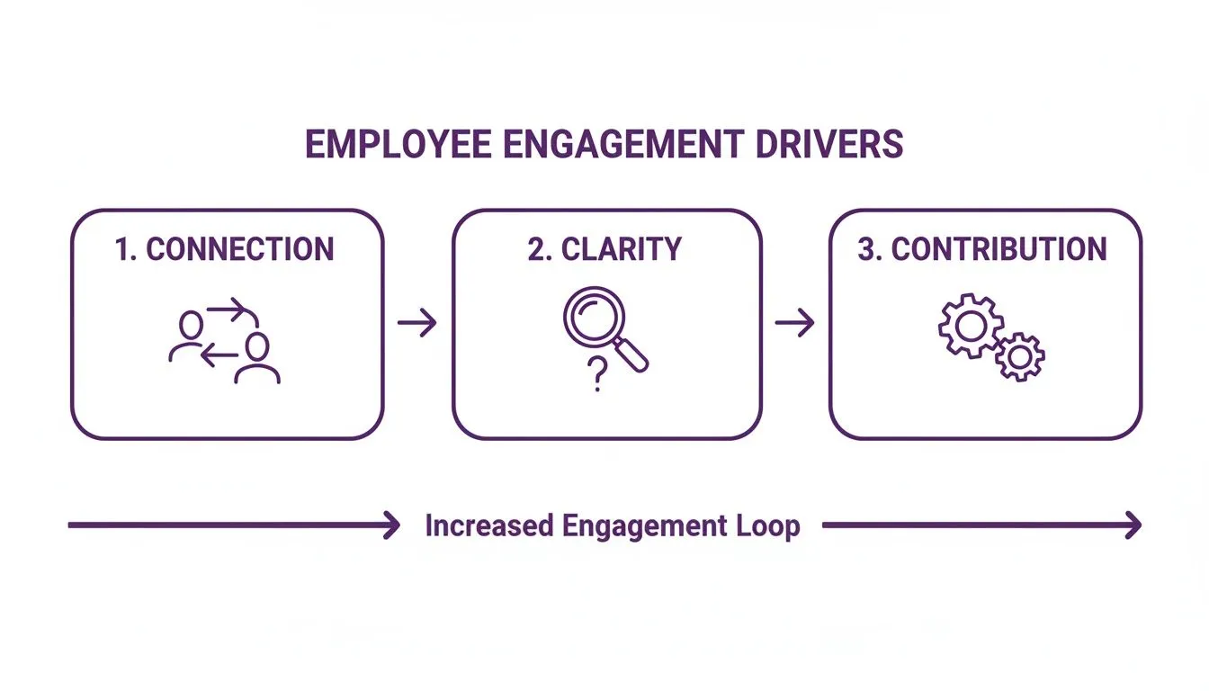 Flowchart illustrating the three employee engagement drivers: connection, clarity, and contribution, leading to increased engagement.