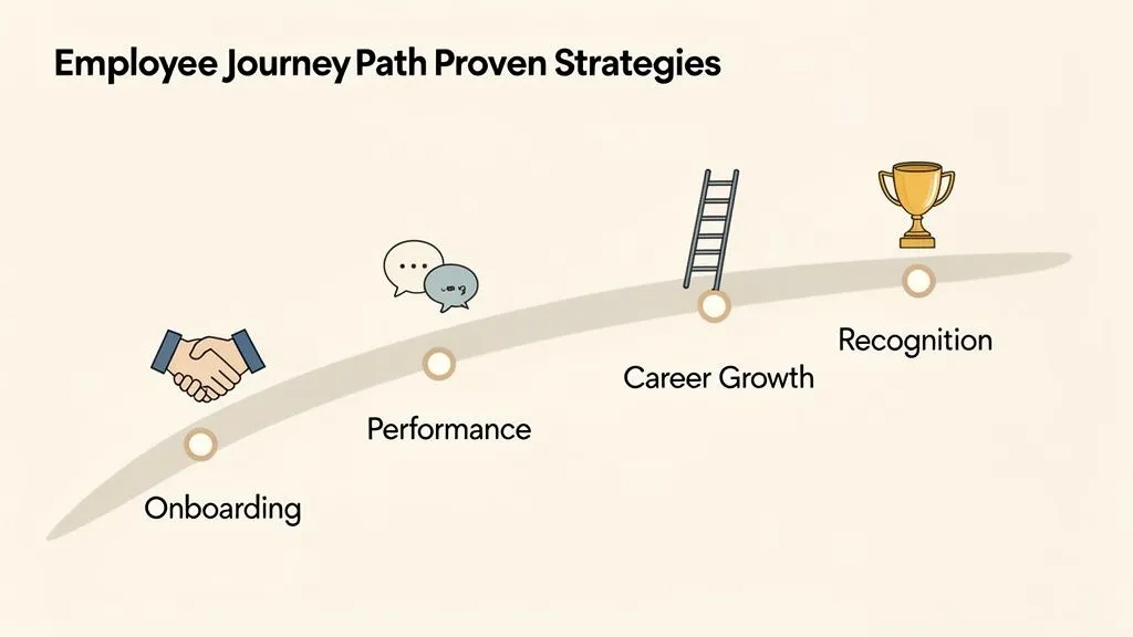 Infographic detailing employee journey path strategies: onboarding, performance, career growth, and recognition.