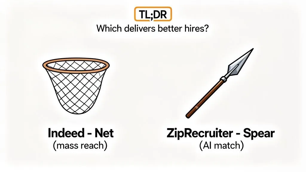 A graphic comparing Indeed (net, mass reach) versus ZipRecruiter (spear, AI match) for better hires.