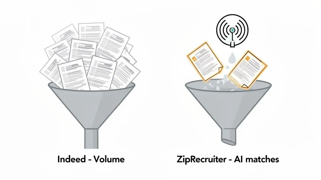 Two funnels illustrating job applications: Indeed shows high volume, ZipRecruiter highlights AI-matched, refined candidates.