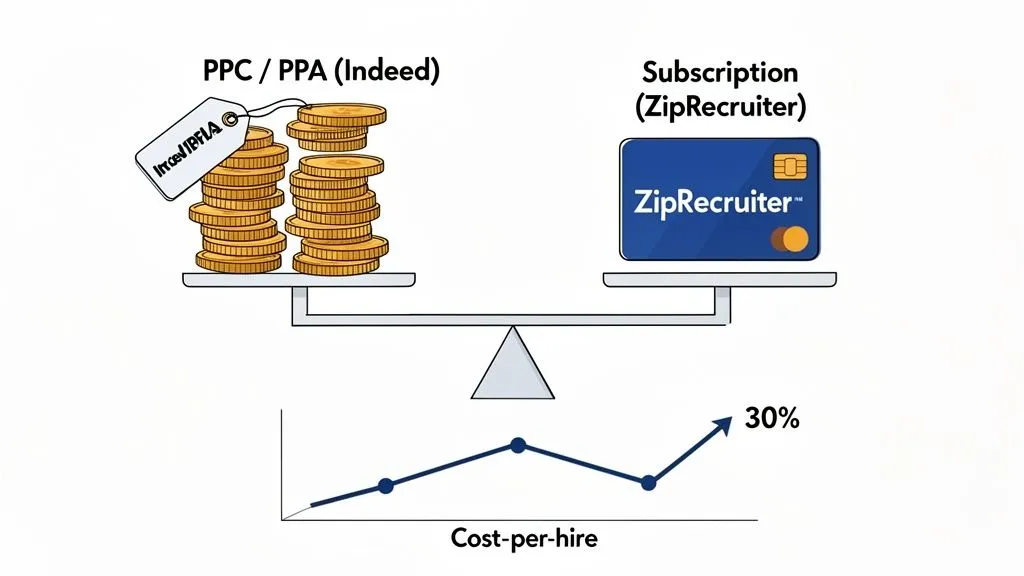 A scale compares Indeed's PPC/PPA model (coins) to ZipRecruiter's subscription (credit card), showing rising cost-per-hire.