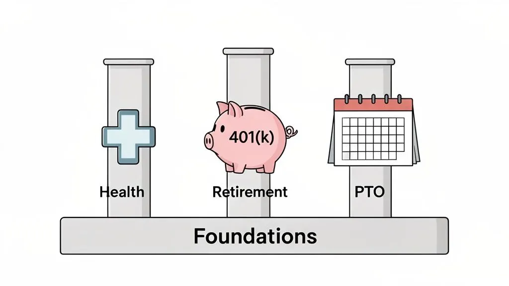 Illustration of three foundational employee benefits: health (medical cross), retirement (401k piggy bank), and PTO (calendar).