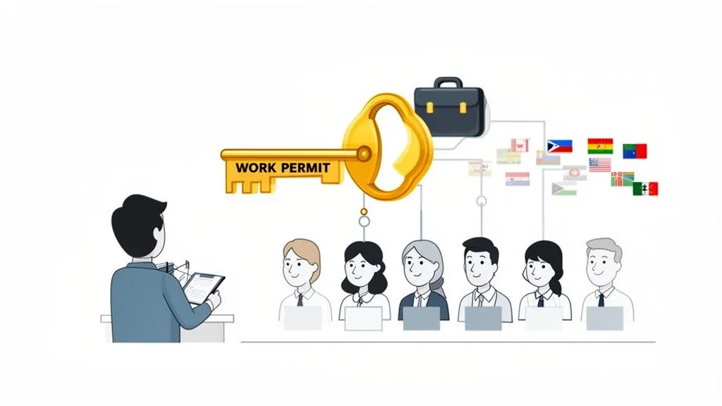 work permit key connecting employees and country flags