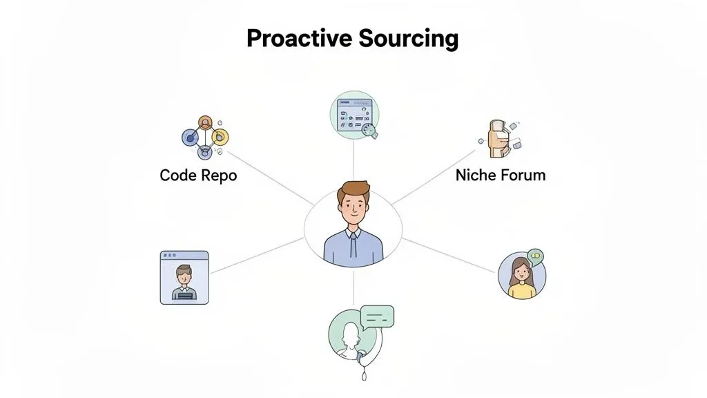 Illustration of proactive sourcing showing a person connected to various recruitment channels like code repos, niche forums, and online profiles.