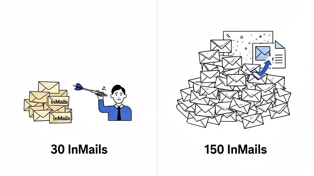 Illustration comparing 30 targeted InMails with a dart-wielding man versus 150 untargeted InMails.