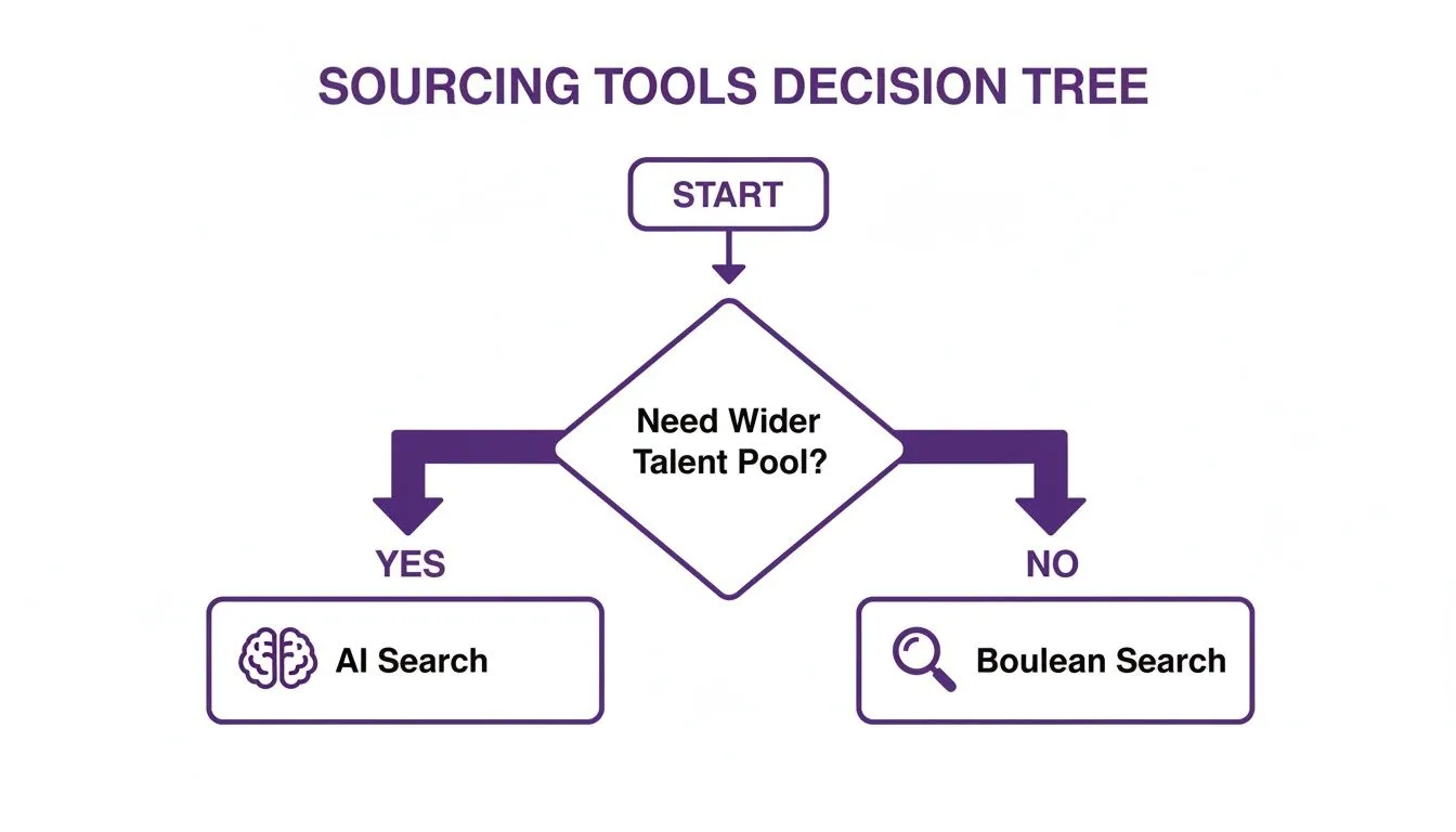 Sourcing tools decision tree showing AI Search for wider talent pools and Boolean Search otherwise.