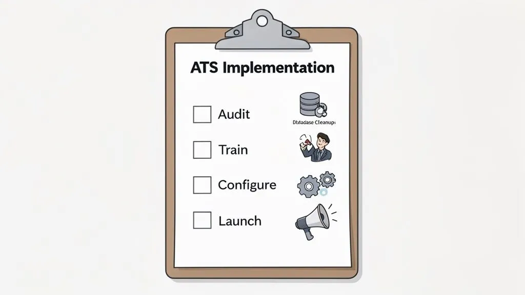 A clipboard checklist illustrates the four key steps for ATS implementation: audit, train, configure, and launch.