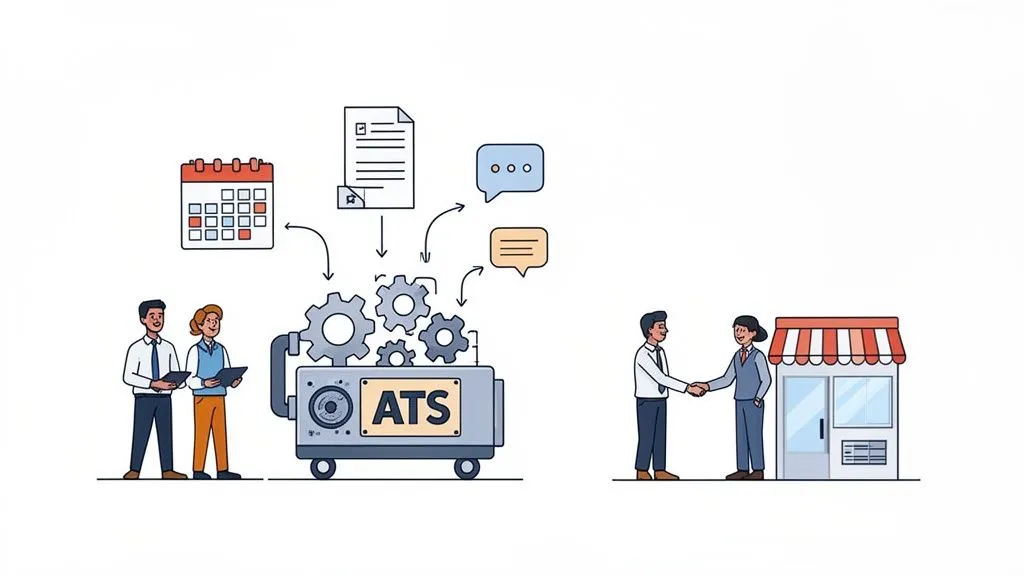 An illustration showing an ATS machine processing applications, leading to two people shaking hands in front of a small business.