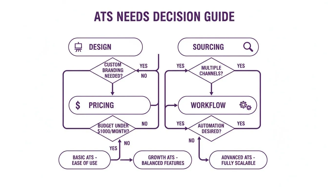 A decision guide flowchart for choosing an Applicant Tracking System based on design, sourcing, pricing, and workflow needs.