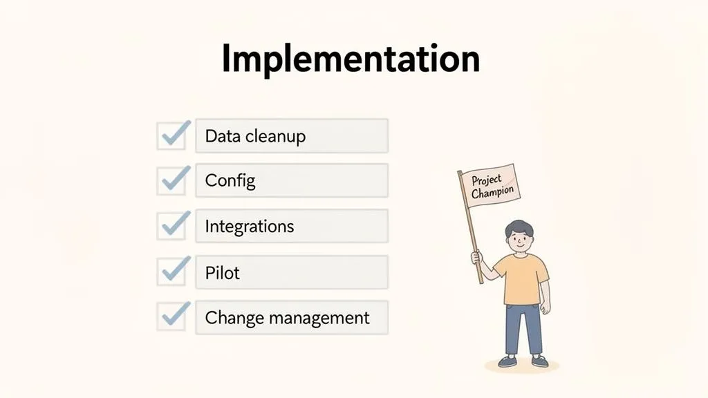 Checklist for project implementation steps, including data cleanup, config, integrations, pilot, and change management, with a project champion.